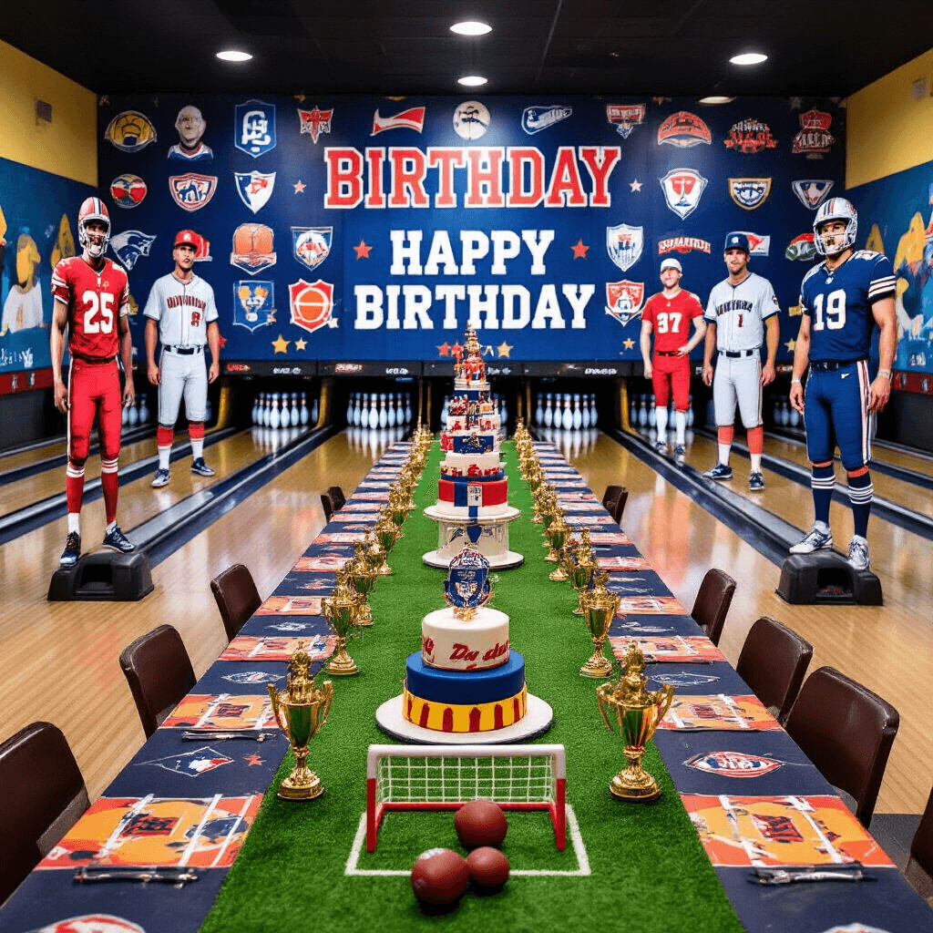 Bowling Birthday Party: The Ultimate Guide to a Strike-tastic Celebration A vibrant sports-themed bowling party with lanes adorned by life-sized athlete cutouts, astroturf-covered tables featuring mini goal posts, a backdrop of sports logos and a 'Happy Birthday' banner, adorned with trophies and medals, and a towering cake shaped like sports equipment, captured from an elevated angle.