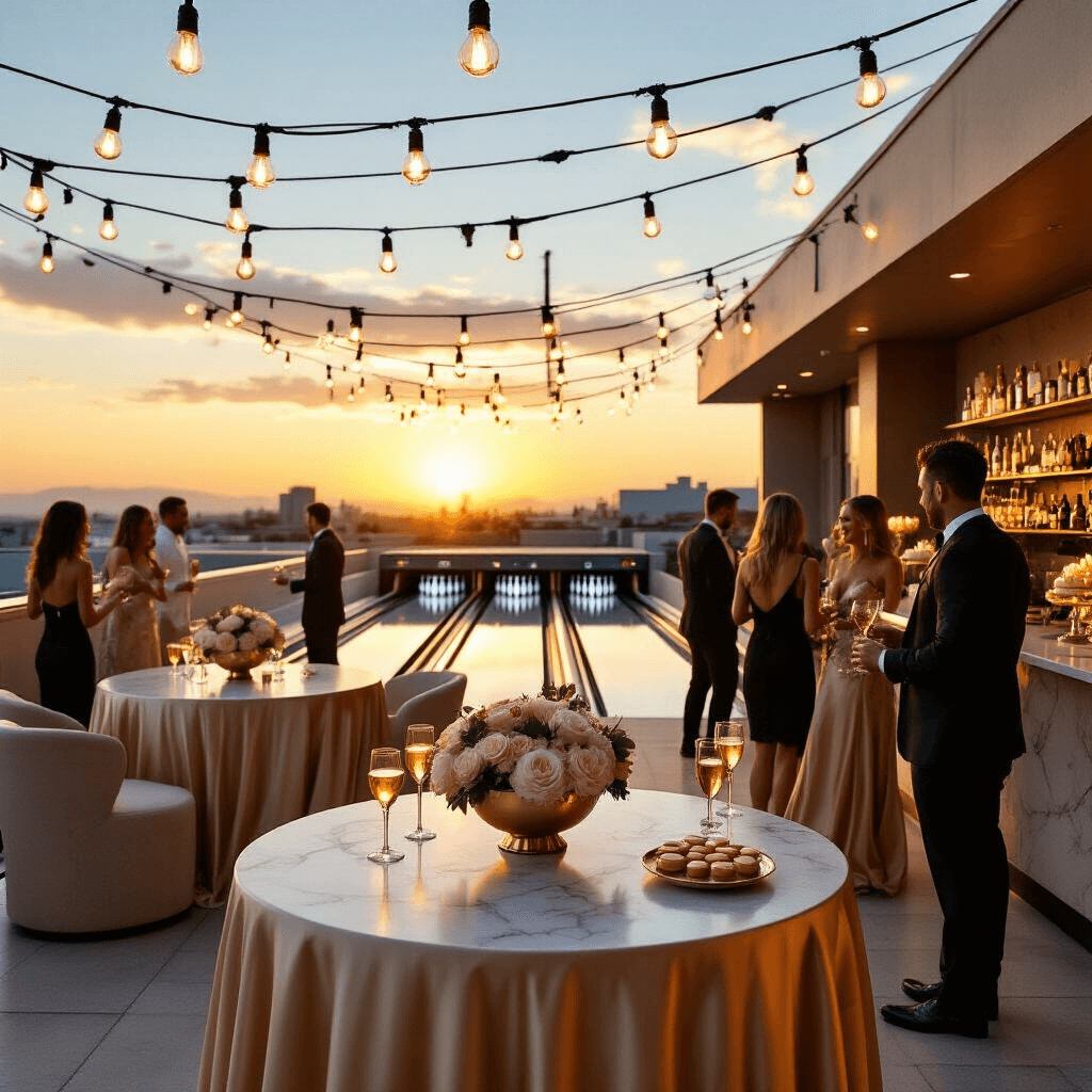 Bowling Birthday Party: The Ultimate Guide to a Strike-tastic Celebration An elegant rooftop bowling soirée with warm sunset light, draped tables, floral arrangements in metallic pin-shaped bowls, a marble bar serving cocktails, and guests in cocktail attire enjoying the sophisticated atmosphere.