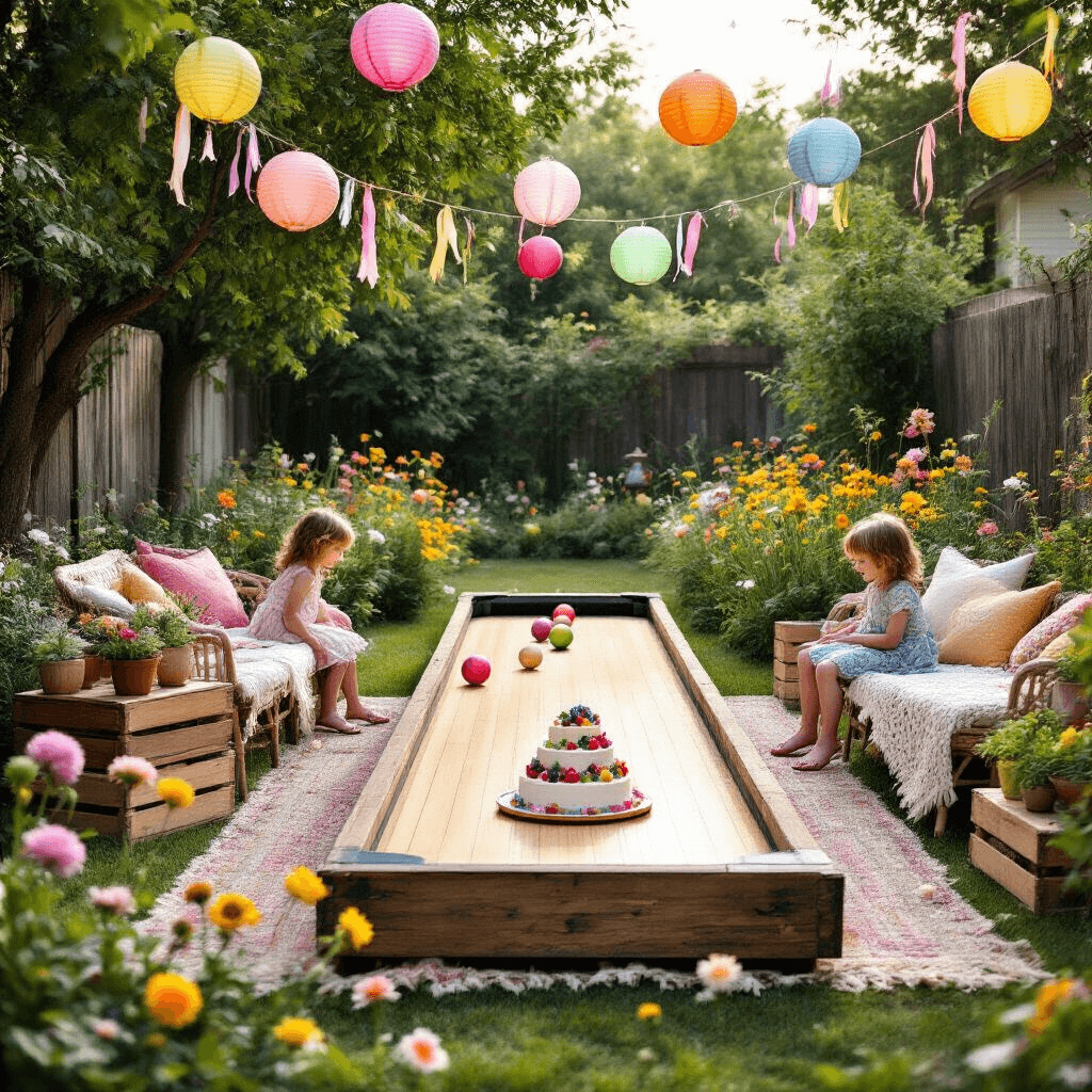 Bowling Birthday Party: The Ultimate Guide to a Strike-tastic Celebration A whimsical garden bowling party in a lush backyard with a mini bowling lane, vintage seating, potted succulents, and a dessert table featuring a naked cake. Children play with pastel-painted coconuts as bowling balls under colorful lanterns and streamers in the soft afternoon light.