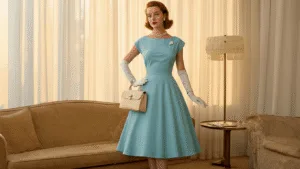 The Perfect 1950s Fashion Guide: How to Nail That Vintage Glamour A 1950s fashion model in a powder blue tea-length dress, wearing white gloves and pearls, poses beside a mid-century modern sofa with sheer curtains in a warm, golden hour light, holding a cream handbag.