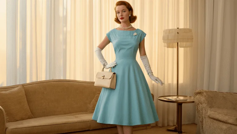 The Perfect 1950s Fashion Guide: How to Nail That Vintage Glamour A 1950s fashion model in a powder blue tea-length dress, wearing white gloves and pearls, poses beside a mid-century modern sofa with sheer curtains in a warm, golden hour light, holding a cream handbag.