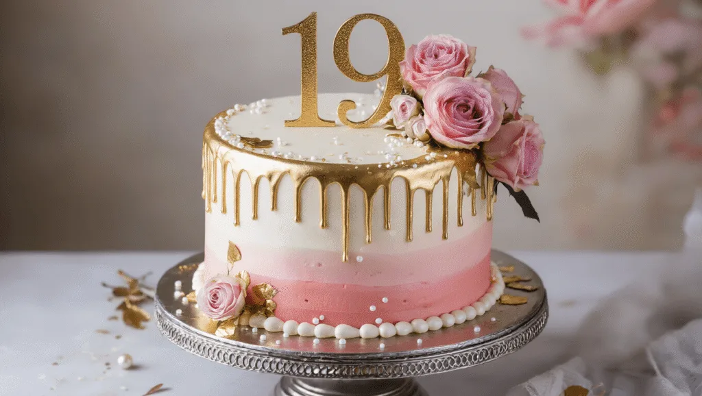 19th Birthday Cake: The Ultimate Celebration Centerpiece A two-tier birthday cake with ombre blush pink to pearl white frosting, gold drip details, and a metallic gold "19" topper, adorned with fresh pink roses and gold leaf accents, displayed on an ornate silver stand against a softly blurred background.