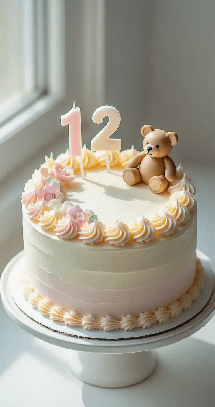 Half Birthday Cake: The Perfect 6-Month Milestone Celebration Treat Top-down view of a 6-inch round half birthday cake with pastel frosting swirls, featuring a half-moon design, a small teddy bear topper, and a '1/2' candle, all set on a white ceramic stand in soft natural light.
