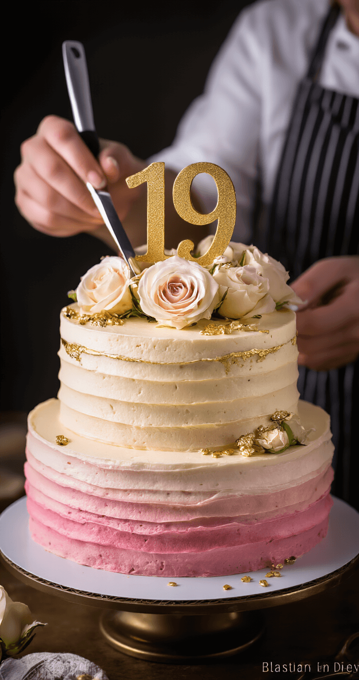 19th Birthday Milestone Cake: A Deliciously Personal Celebration A professional pastry chef decorates a stunning 19th birthday cake with ombré buttercream frosting, fresh roses, and a gold '19' topper in dramatic lighting.