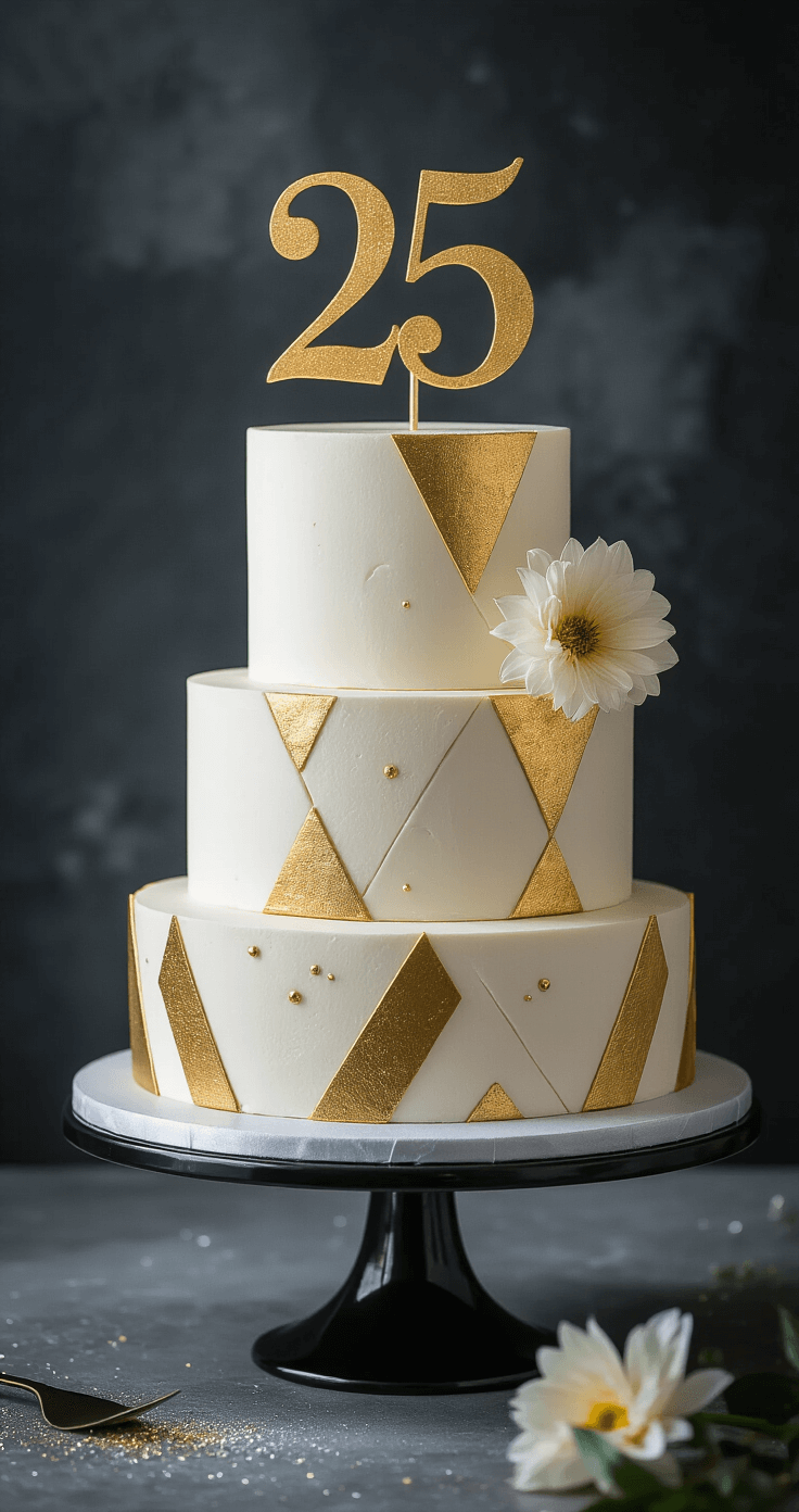 25th Birthday Cake: The Ultimate Showstopper Celebration Dessert Elegant three-tiered 25th birthday cake with a minimalist white buttercream finish, geometric gold accents, and a '25' topper, displayed on a modern black cake stand against a dark background, featuring dramatic side lighting and a single fresh flower.