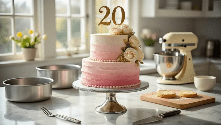 20th Birthday Celebration Cake: The Ultimate Milestone Dessert A photorealistic image of a blush pink ombre birthday cake on a silver stand in a modern kitchen, featuring vintage piping, gold sprinkles, and a '20' topper, with fresh cream roses and a professional baking setup in the background.