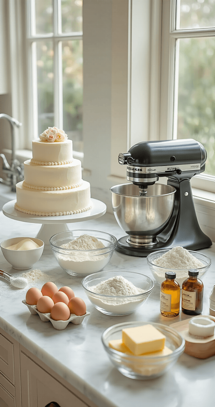 Simple Wedding Cake: A Beginner's Guide to Creating Your Perfect Celebration Dessert A well-organized wedding cake preparation scene featuring a marble countertop with ingredients like flour, eggs, butter, and vanilla extract, illuminated by natural light. Professional baking tools and lined cake pans are prominently displayed, creating a tidy and inviting atmosphere.