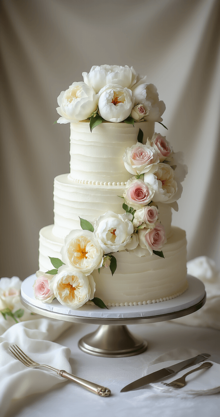 Simple Wedding Cake: A Beginner's Guide to Creating Your Perfect Celebration Dessert A three-tiered white wedding cake on a silver stand, adorned with fresh peonies and pale pink roses, under soft afternoon light.