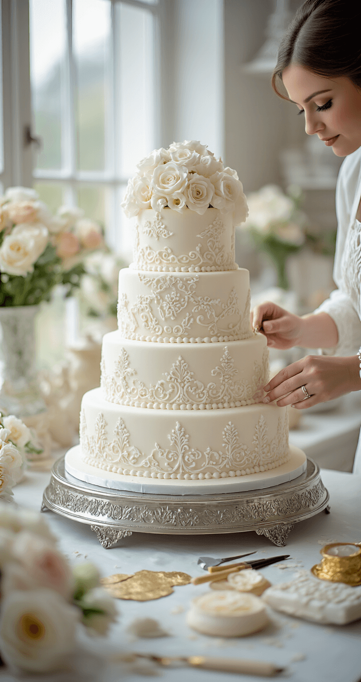 ROYAL WEDDING CAKE: The Ultimate Regal Dessert Guide A beautifully decorated multi-tiered white wedding cake on a silver plateau, surrounded by delicate sugar flowers and traditional piping tools, as a master decorator skillfully applies royal icing patterns in a softly lit studio.