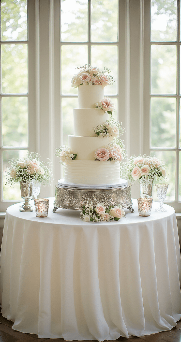 Wedding Cake Table Setup: Your Complete Professional Blueprint A beautifully arranged wedding cake table featuring a 3-tier white cake on a silver stand, surrounded by pastel roses, baby's breath, and candle holders, all under soft natural light.