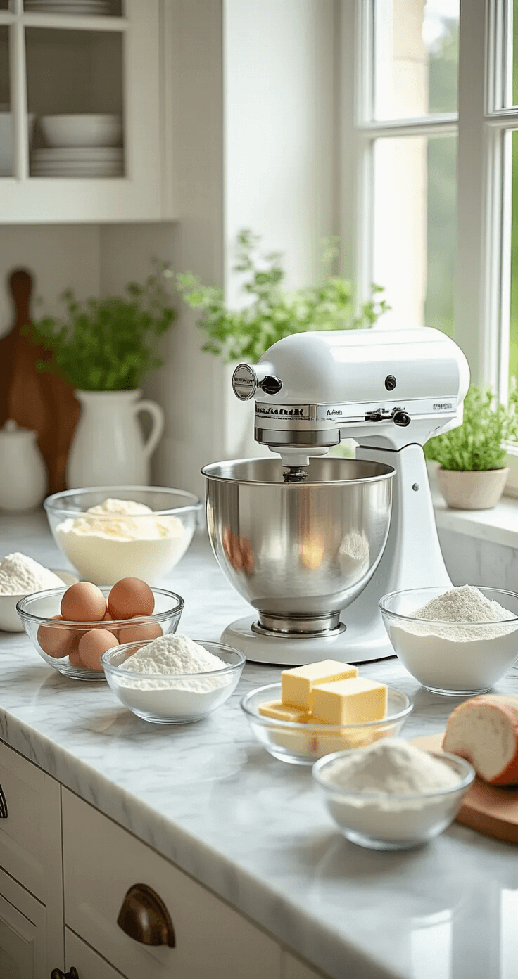 Classic Italian Wedding Cake: A Decadent Celebration Dessert A modern kitchen with marble countertops bathed in sunlight, showcasing a stand mixer surrounded by neatly arranged baking ingredients, including fresh eggs, softened butter, and sifted flour in glass bowls.
