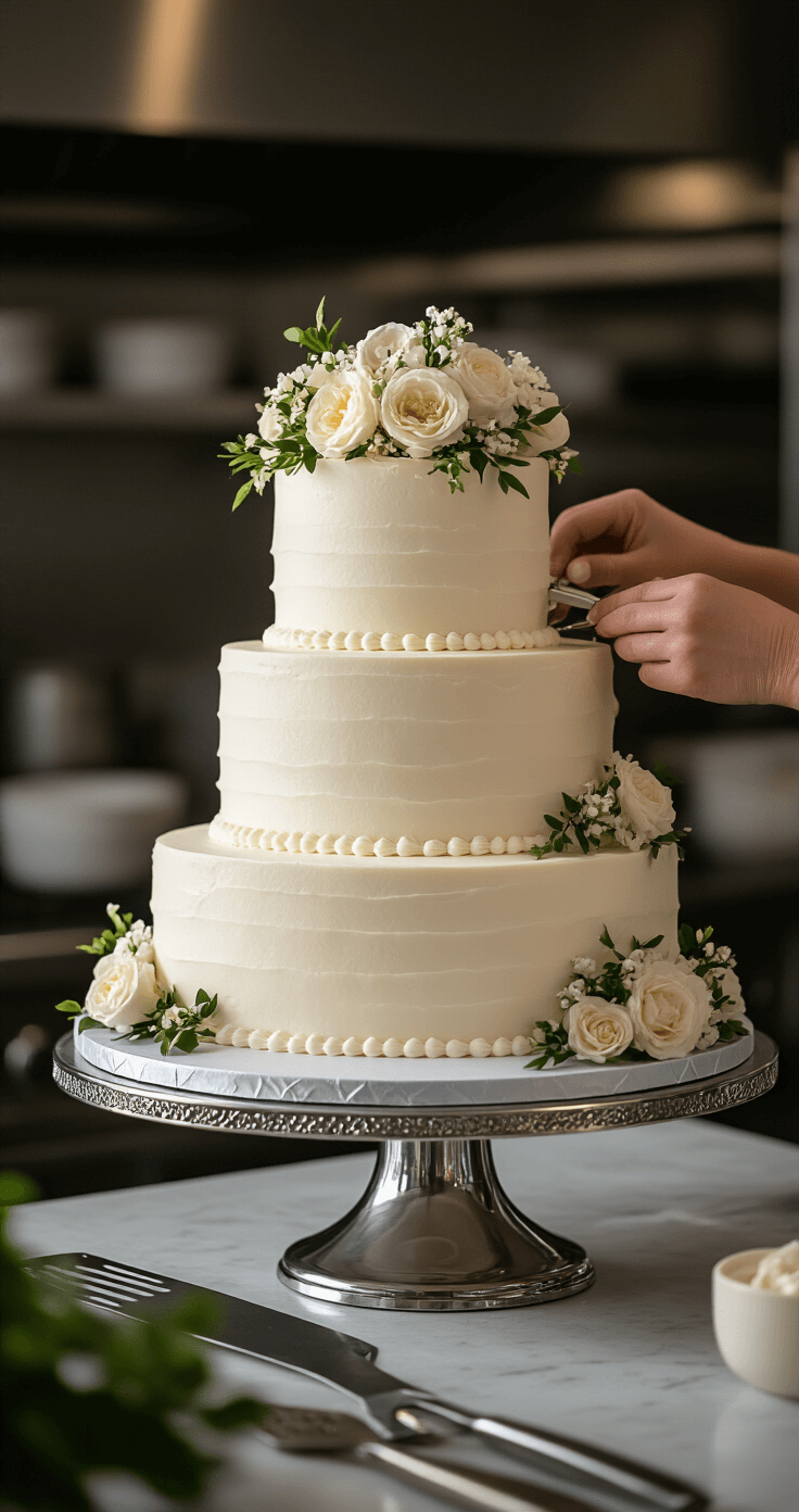 Classic Wedding Cake: The Ultimate Guide to Creating a Stunning Centerpiece An elegant three-tiered white wedding cake in a professional kitchen, showcasing smooth buttercream layers, delicate piping, fresh flowers, and metallic accents, with tools like a turntable and offset spatula nearby.