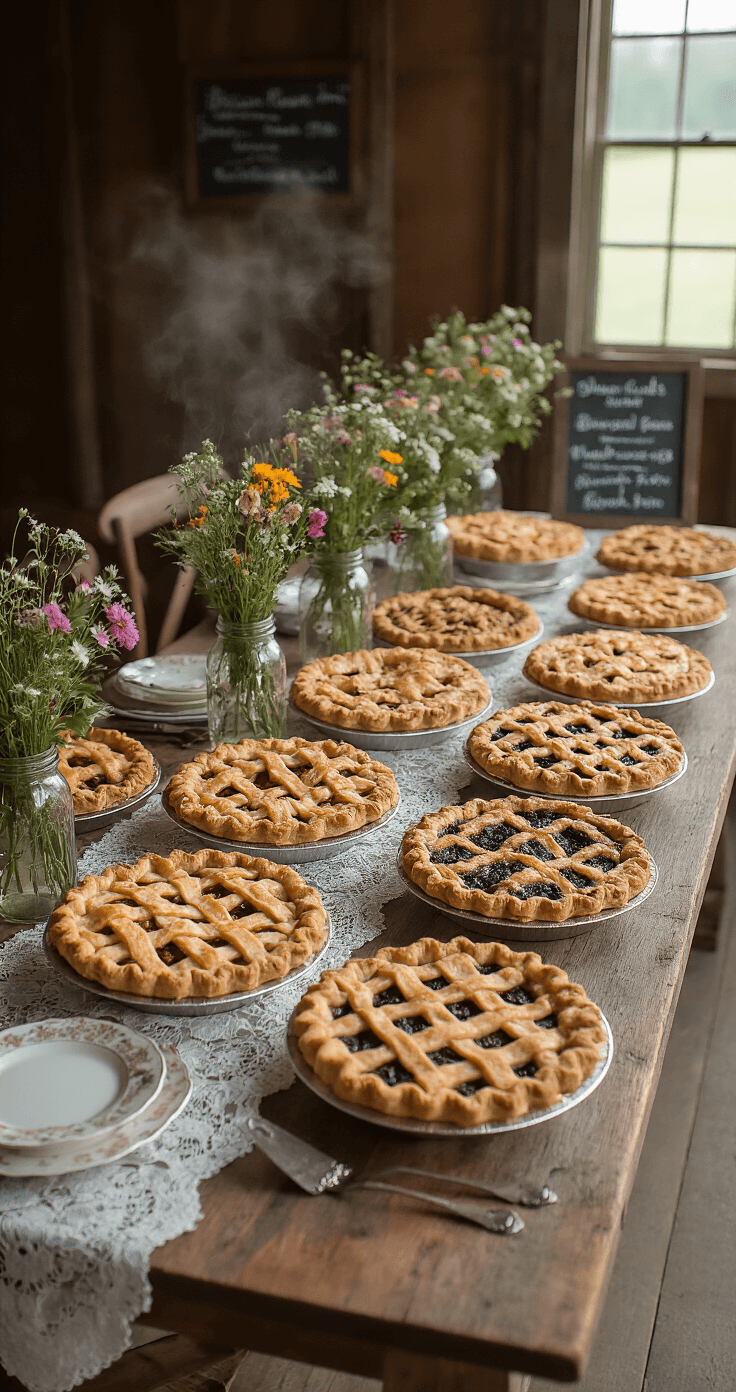 Wedding Cake Alternatives: A Modern Couples' Sweet Revolution A rustic wedding pie station featuring a reclaimed wooden table adorned with vintage lace runners, showcasing 16 artisanal pies in tin plates, wildflower centerpieces, and handwritten signs describing flavors.