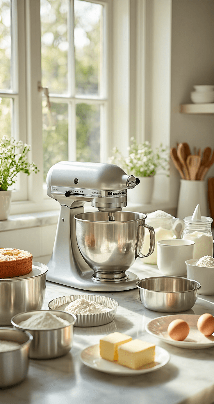 Stunning Wedding Anniversary Cake Design: A Complete Guide to Creating the Perfect Celebratory Masterpiece A sunny professional kitchen featuring a stainless steel stand mixer, arranged baking tools, measuring cups with flour and sugar, and fresh eggs and butter on a marble countertop.