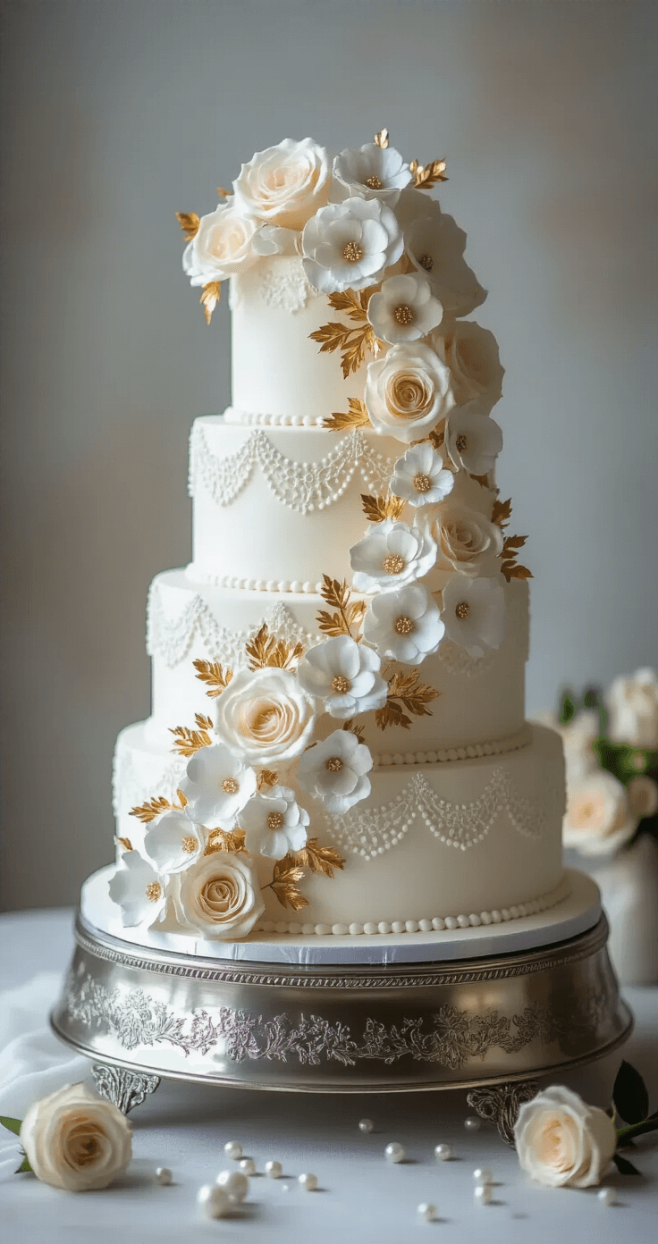 Stunning Wedding Anniversary Cake Design: A Complete Guide to Creating the Perfect Celebratory Masterpiece Three-tiered wedding anniversary cake on a silver stand, adorned with white buttercream, metallic flowers, lace patterns, gold leaf accents, fresh roses, and edible pearls, against a softly blurred background.