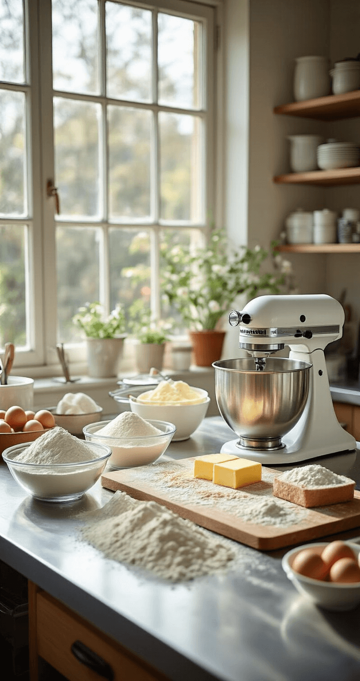 Crafting the Perfect Wedding Cake: A Complete Guide to Cake Aesthetics Professional baking studio with ingredients for wedding cake preparation, including flour, butter, and eggs, arranged on a stainless steel workstation illuminated by natural light.