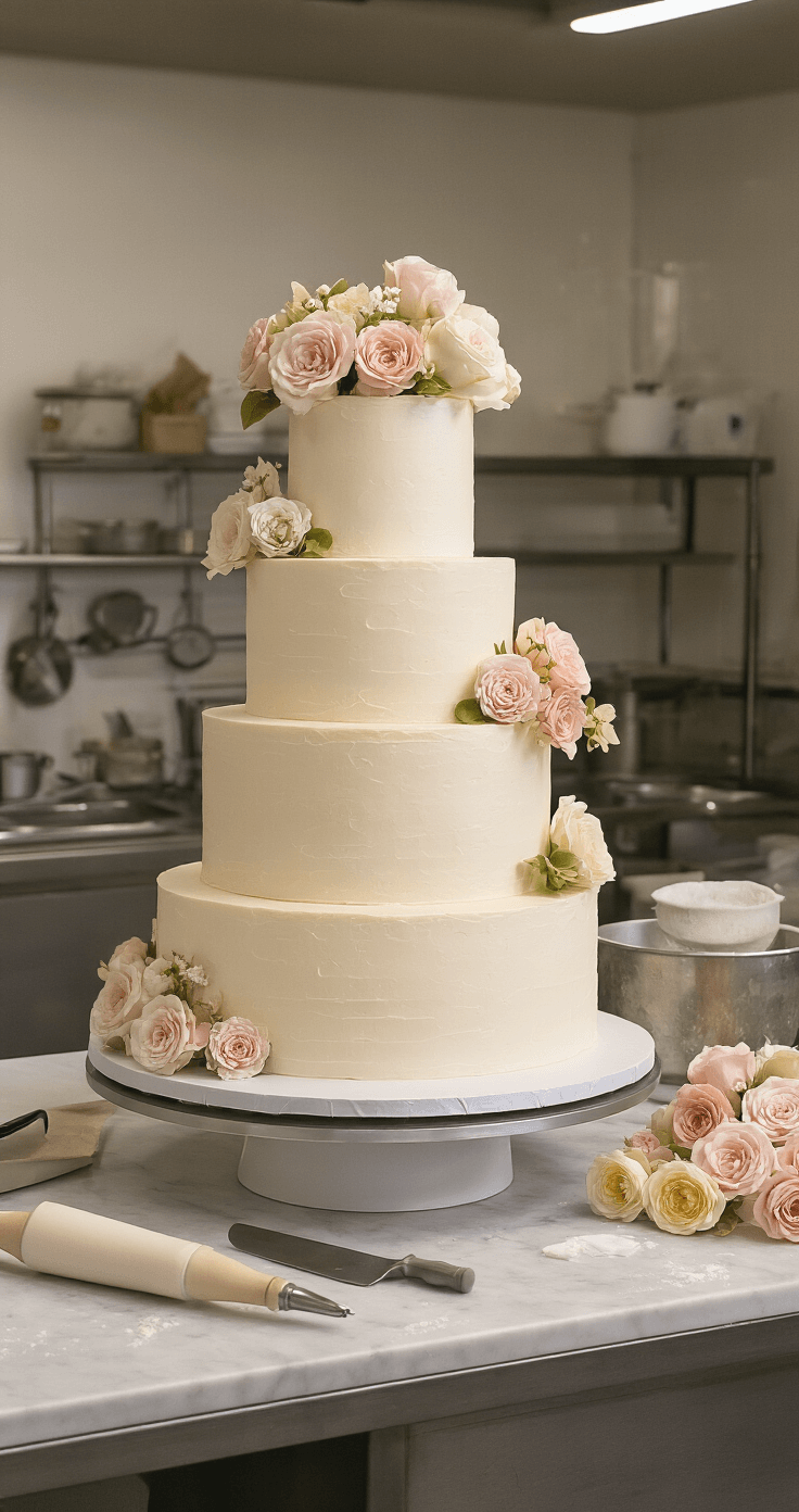 Crafting the Perfect Wedding Cake: A Complete Guide to Cake Aesthetics Elegant wedding cake mid-assembly in a well-lit kitchen, featuring three leveled tiers with ivory buttercream, delicate pastel sugar flowers, and professional cake tools on a marble surface.