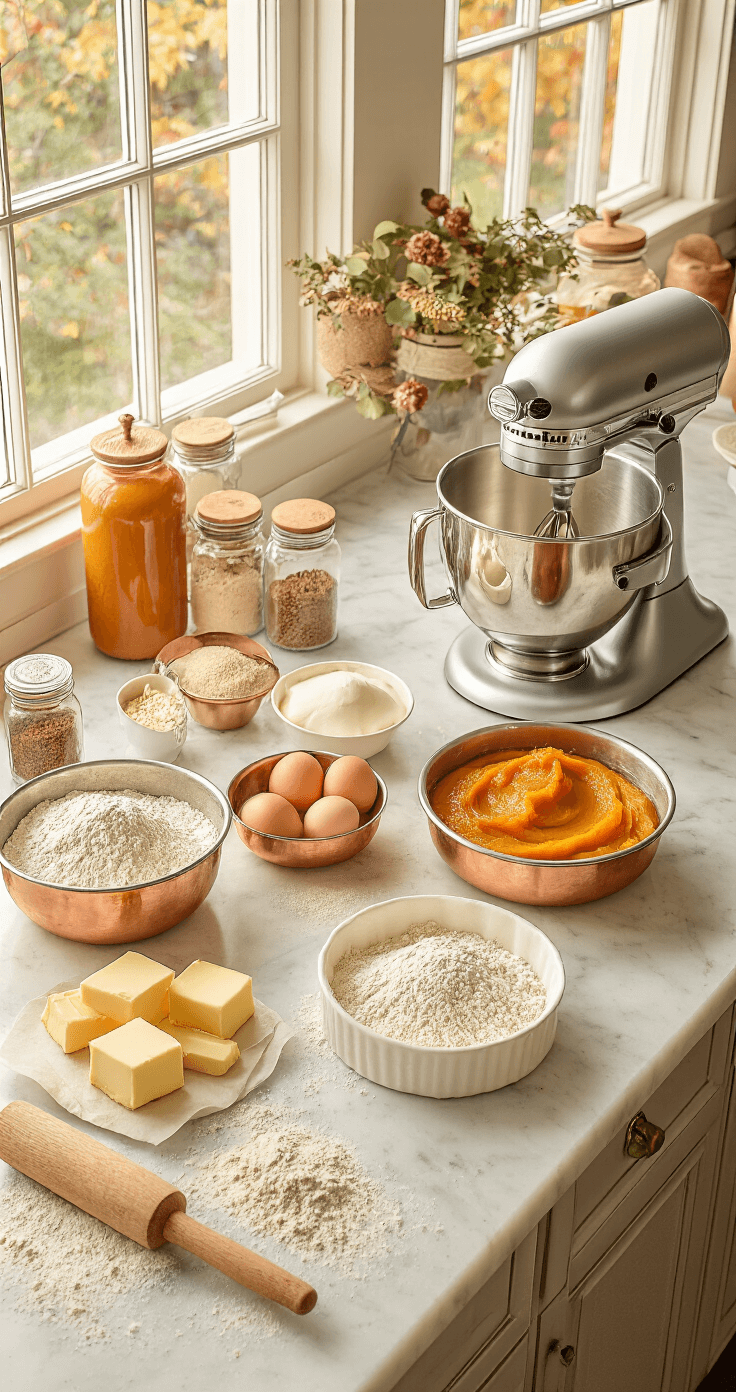 Rustic Elegance: Fall Wedding Cake Design Guide Overhead shot of a marble countertop with baking ingredients like flour, eggs, and spices in copper bowls, a stand mixer, and lined cake pans in natural light, creating a cozy fall wedding cake prep scene.