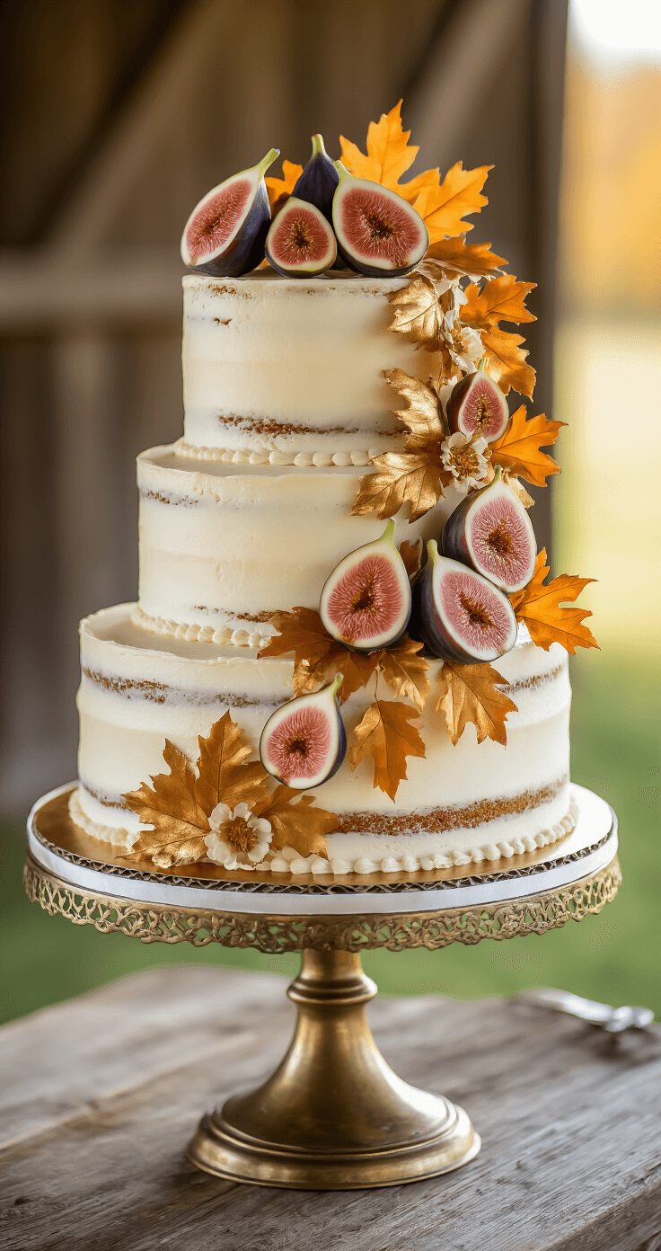Rustic Elegance: Fall Wedding Cake Design Guide Close-up of an elegant three-tiered wedding cake on an antique brass stand, featuring semi-naked buttercream, fresh figs, golden-dusted autumn leaves, and pressed edible flowers, with a rustic barn backdrop and warm afternoon light.