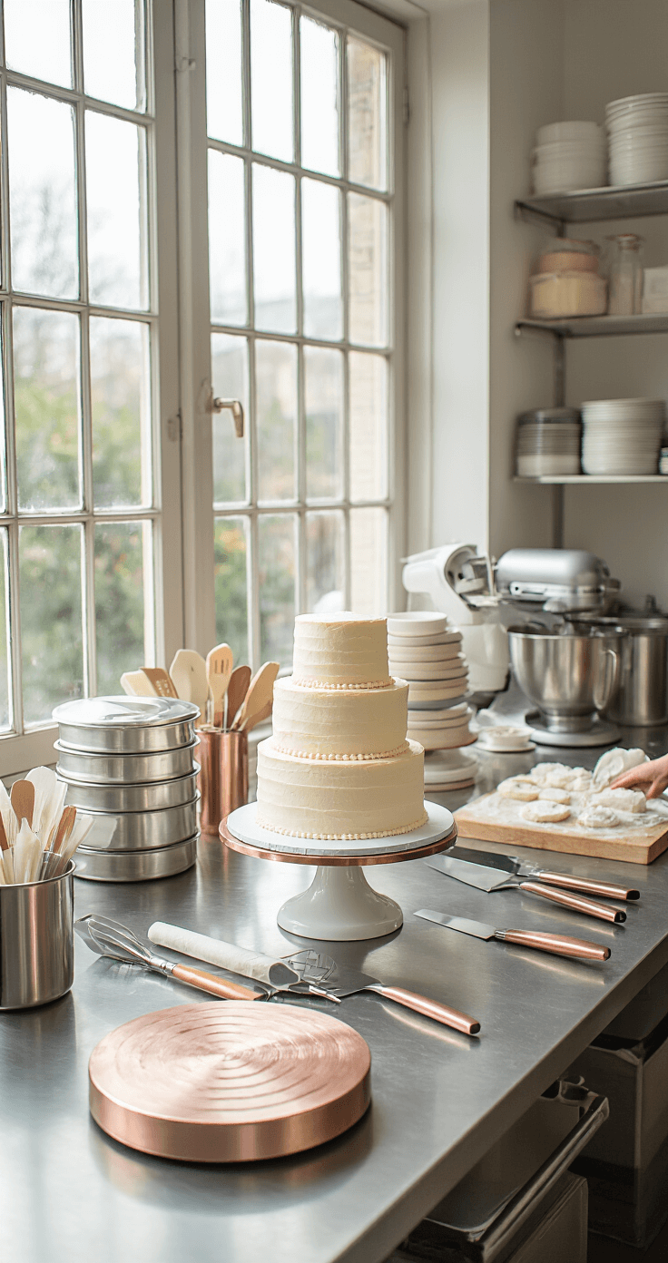 Ultimate Wedding Cake Flavor Guide: Crafting Your Perfect Celebration Dessert A bright bakery studio with a stainless steel workstation showcasing smooth cake layers and organized baking tools, including a rose gold cake turntable and premium cake pans, illuminated by natural light.
