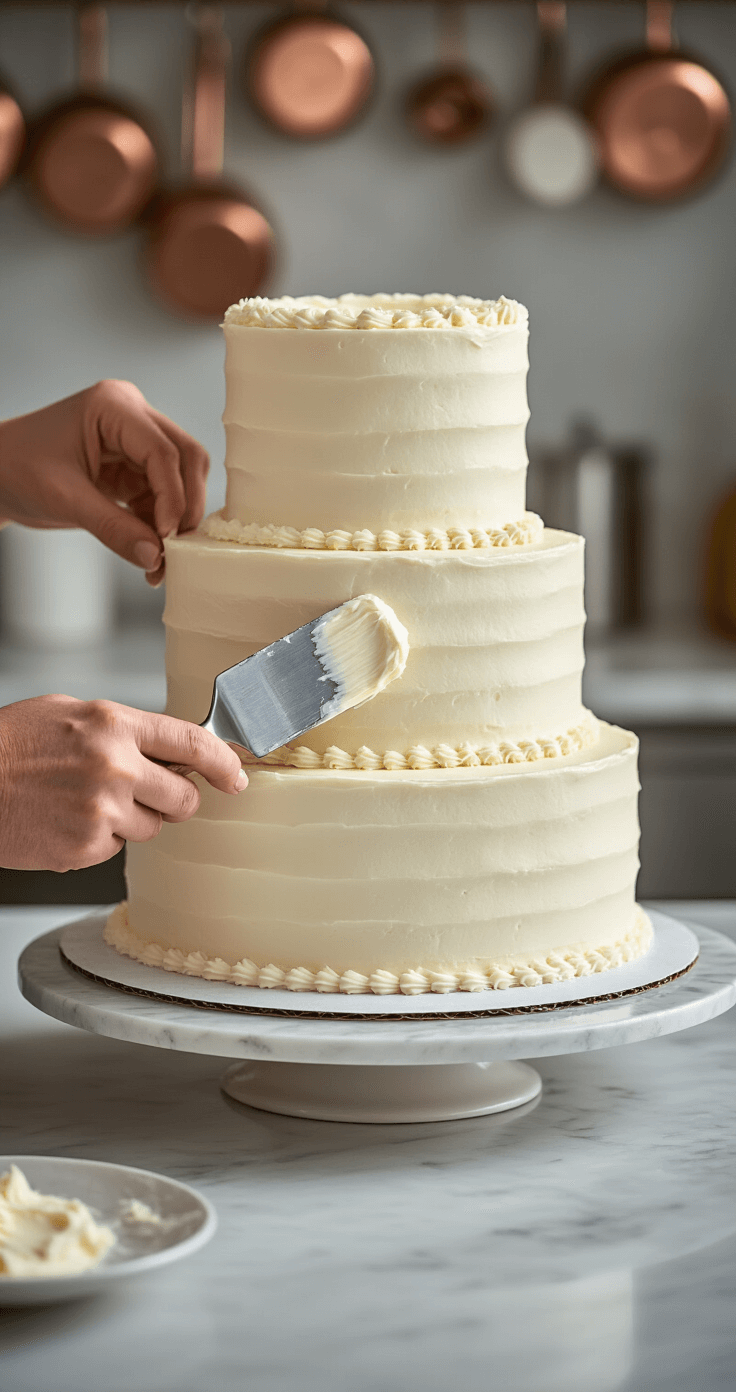 Ultimate Wedding Cake Flavor Guide: Crafting Your Perfect Celebration Dessert Close-up of a baker's hands applying a smooth crumb coat of white buttercream to a three-tier wedding cake on a rotating turntable, with a soft-focus backdrop of copper utensils and marble countertops.