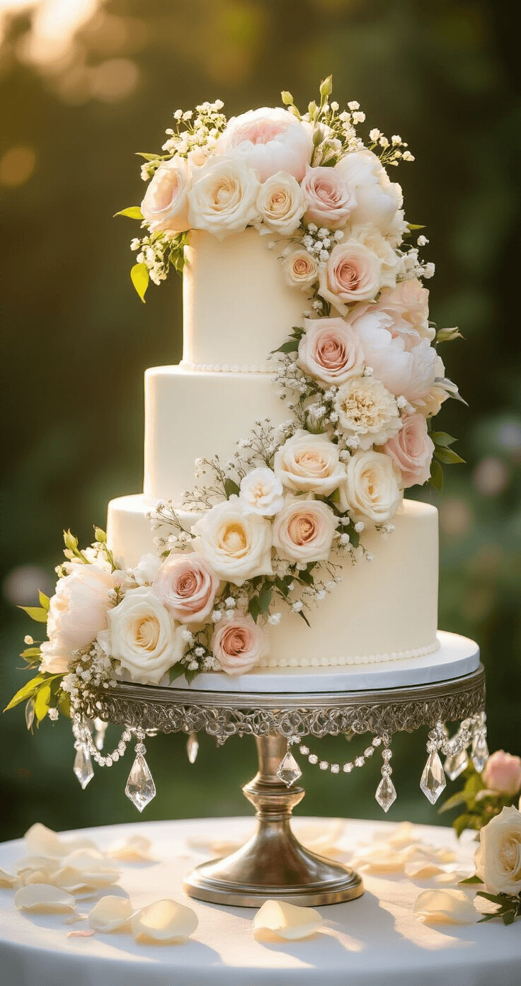 Wedding Cake Flowers: The Ultimate Guide to Stunning Cake Decorations An elegantly decorated three-tiered wedding cake on a silver stand, adorned with cascading fresh flowers in cream and blush tones against a soft-focus garden backdrop.