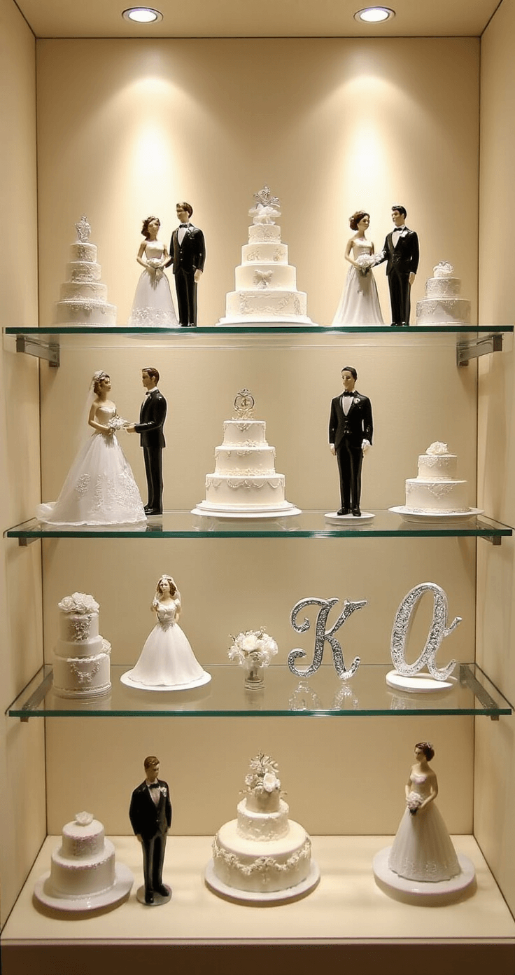 Wedding Cake Topper: The Ultimate Guide to Crowning Your Celebration Cake A showroom display featuring a variety of elegant wedding cake toppers on floating glass shelves, including porcelain couples, acrylic designs, and metallic monograms, all softly illuminated against a cream backdrop.