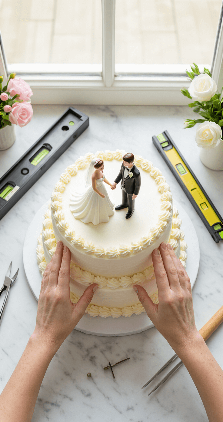 Wedding Cake Topper: The Ultimate Guide to Crowning Your Celebration Cake Overhead view of a baker centering a bride and groom cake topper on a white wedding cake, with professional tools like a miniature level and support dowels on a marble workspace, illuminated by natural light.