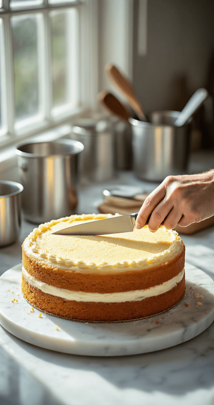 The Ultimate Semi-Naked Wedding Cake: A Rustic Elegance Guide Close-up of a professional baker leveling a golden vanilla cake layer with a serrated knife on a marble countertop, illuminated by natural sunlight, with stainless steel tools in the background.