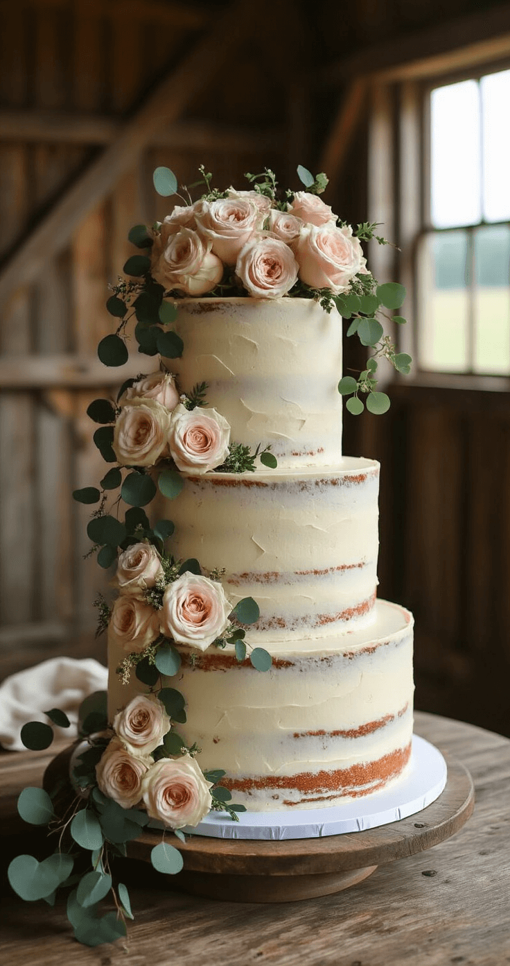 The Ultimate Semi-Naked Wedding Cake: A Rustic Elegance Guide A three-tiered semi-naked wedding cake on an antique wooden table in a rustic barn, adorned with fresh garden roses, wild eucalyptus, and gold leaf, showcasing an organic bohemian aesthetic.