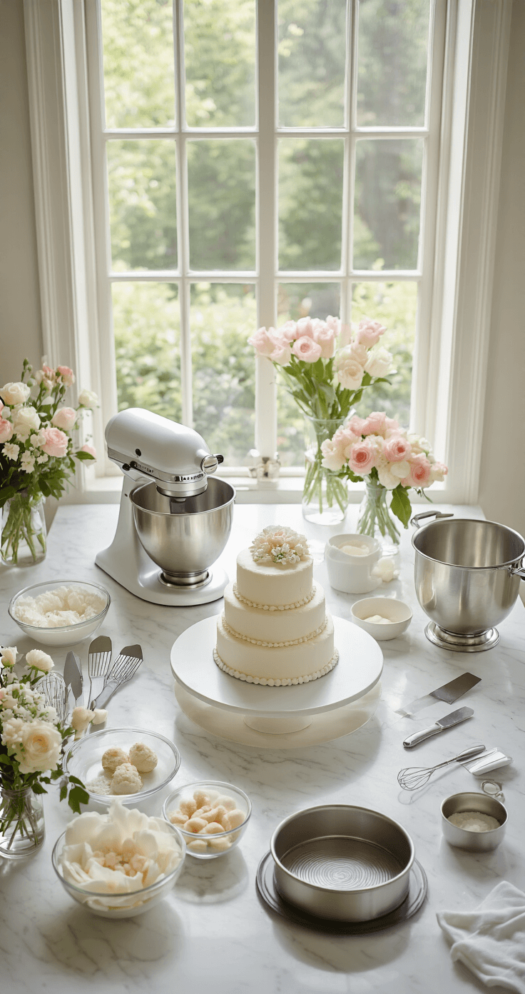 Black and White Wedding Cake: Elegant Monochrome Masterpiece Overhead view of a marble countertop with baking tools, fresh ingredients, and sugar flowers, creating a serene wedding cake preparation scene.