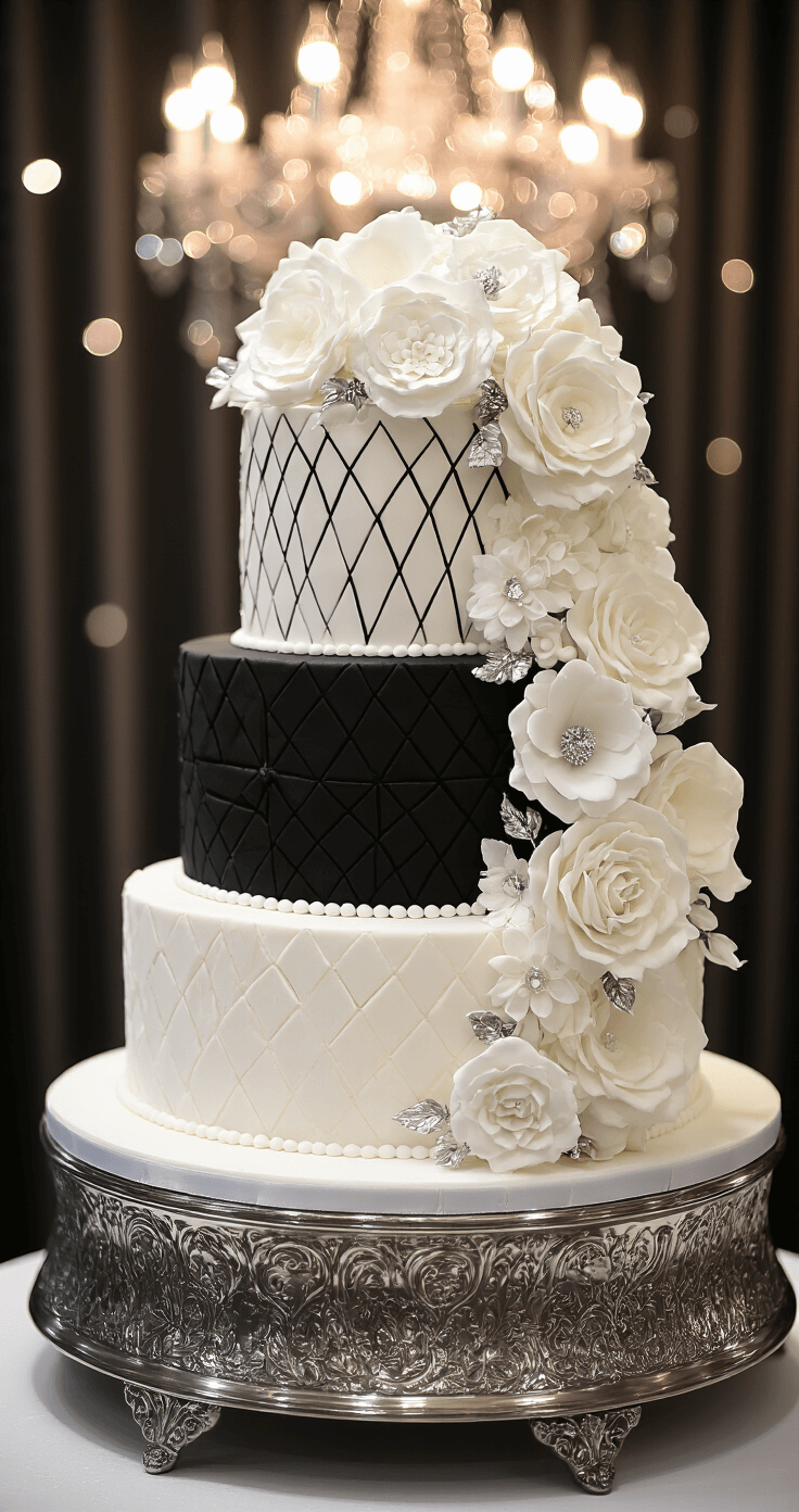 Black and White Wedding Cake: Elegant Monochrome Masterpiece Dramatic close-up of a 4-tier black and white wedding cake with geometric patterns, adorned with cascading white sugar flowers and metallic silver accents, displayed on a silver stand with crystal chandelier bokeh in the background.