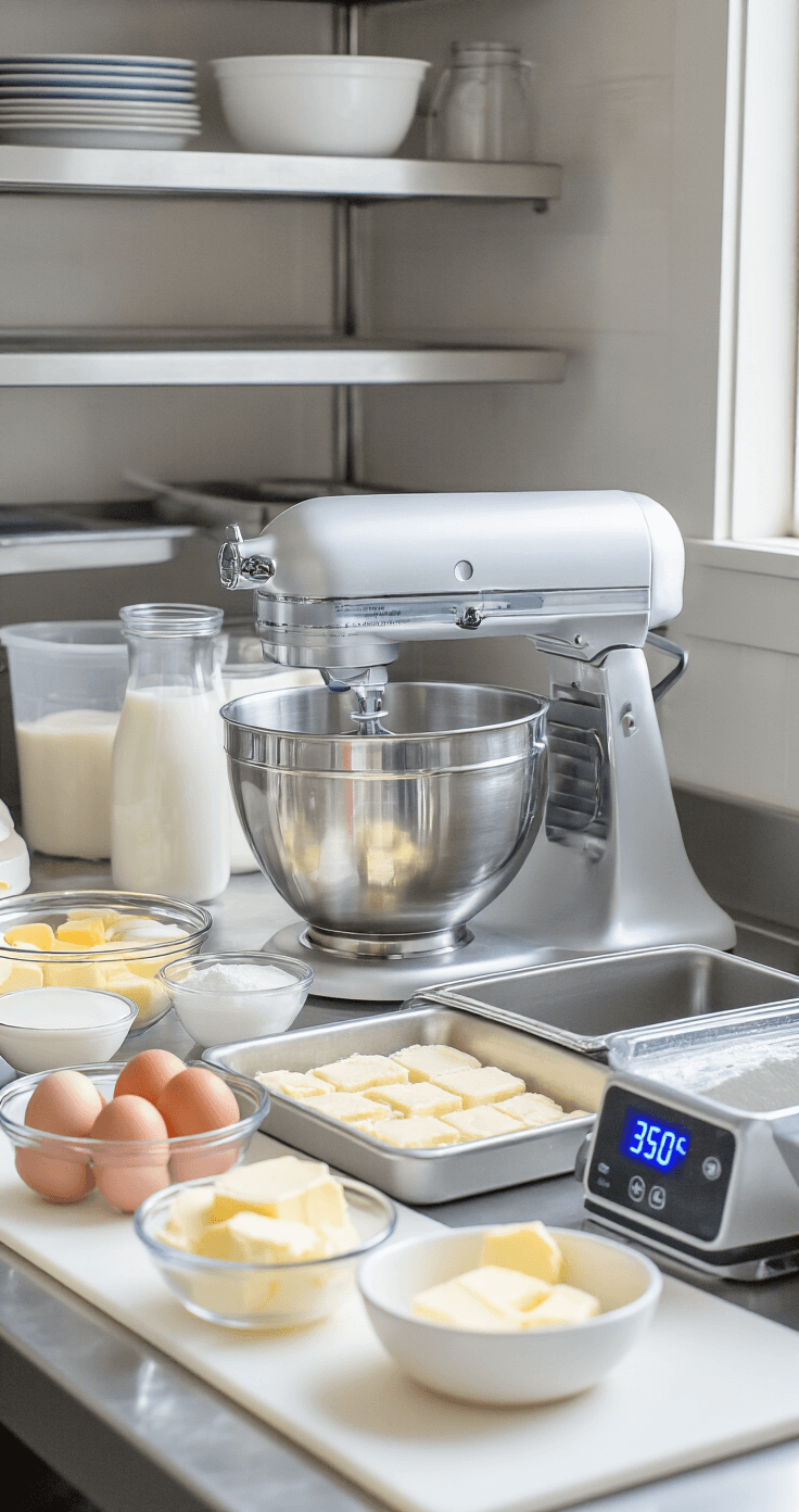 Blue Wedding Cake: The Ultimate Elegant Celebration Centerpiece Professional bakery workspace illuminated by natural light, showcasing a stainless steel stand mixer, neatly arranged ingredients including room temperature eggs, butter, and milk, and two lined cake pans, with a digital oven thermometer reading 350°F.