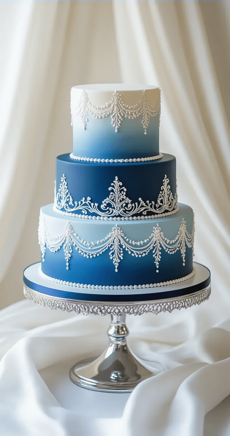 Blue Wedding Cake: The Ultimate Elegant Celebration Centerpiece Elegant three-tiered wedding cake in gradient powder blue to navy buttercream with white piped lace and silver sugar pearls, displayed on mirrored stand against a backdrop of white silk drapery.