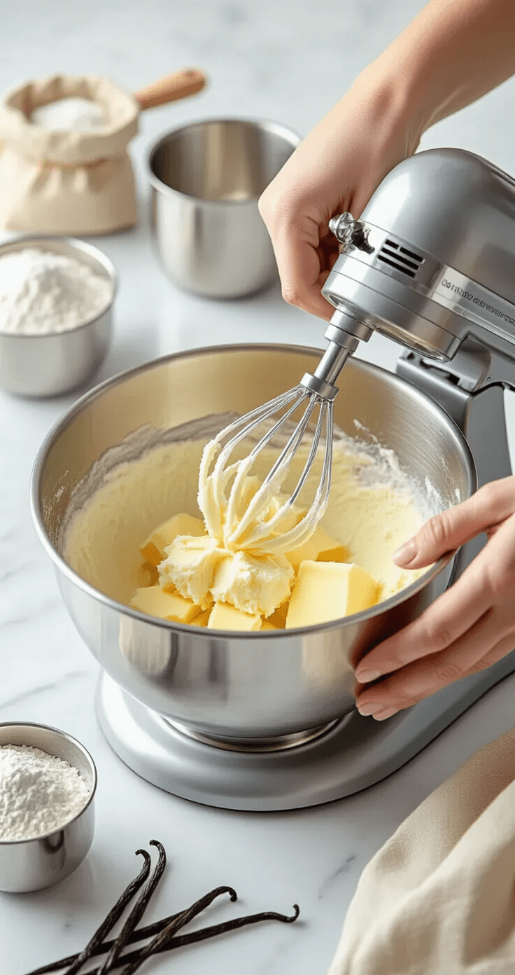HEART WEDDING CAKE: THE ULTIMATE ROMANTIC DESSERT CENTERPIECE Close-up of hands mixing butter and sugar in a stainless steel mixer bowl, creating a fluffy mixture with natural lighting; background features marble countertop, measuring cups, and fresh ingredients.