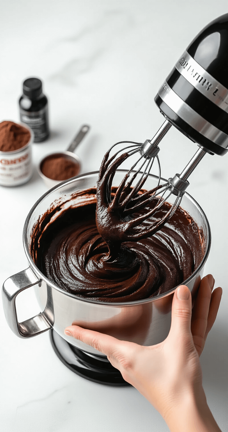 Black Wedding Cake: The Ultimate Showstopping Culinary Masterpiece Close-up of hands mixing rich black cake batter in a stainless steel stand mixer, with glossy chocolate swirls and black cocoa powder in the background on a marble countertop.