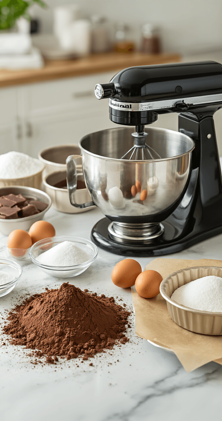 CHOCOLATE WEDDING CAKE: THE ULTIMATE SHOWSTOPPER DESSERT A sunlit professional kitchen featuring a marble countertop with neatly arranged ingredients for a chocolate wedding cake, including cocoa powder, sugar, and eggs, alongside a stand mixer and parchment-lined cake pans.