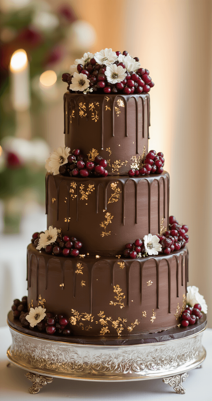 CHOCOLATE WEDDING CAKE: THE ULTIMATE SHOWSTOPPER DESSERT A three-tiered chocolate wedding cake on a silver stand, adorned with ganache drips, gold accents, burgundy berries, and delicate ivory and blush flowers, set against a softly lit reception backdrop.