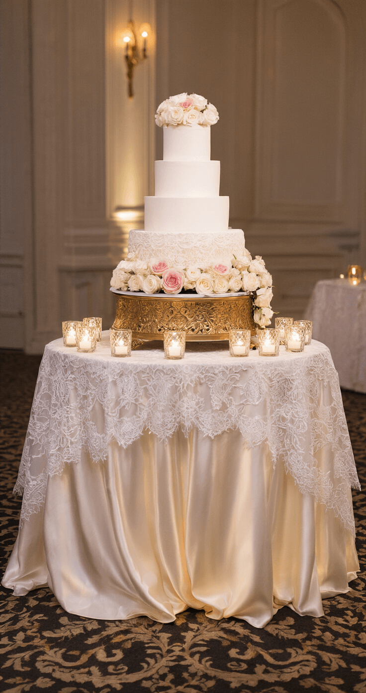 Wedding Cake Table: The Ultimate Design Guide for Unforgettable Celebration Centerpieces A luxurious wedding cake table featuring a 3-tier white cake on a gold stand, adorned with white and blush roses, illuminated by warm candlelight and surrounded by lace overlays in an elegant ballroom setting.