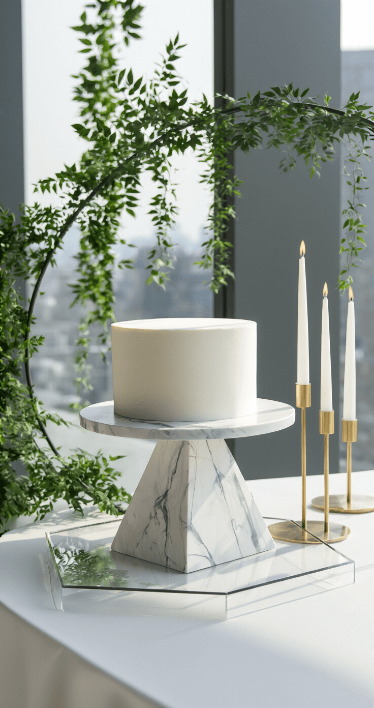 Wedding Cake Table: The Ultimate Design Guide for Unforgettable Celebration Centerpieces A modern minimalist cake display featuring a two-tier geometric marble cake on a sleek stand, set on a white table with acrylic overlay, surrounded by greenery, metallic accents, spotlights, and brass candleholders in a high-end urban venue.