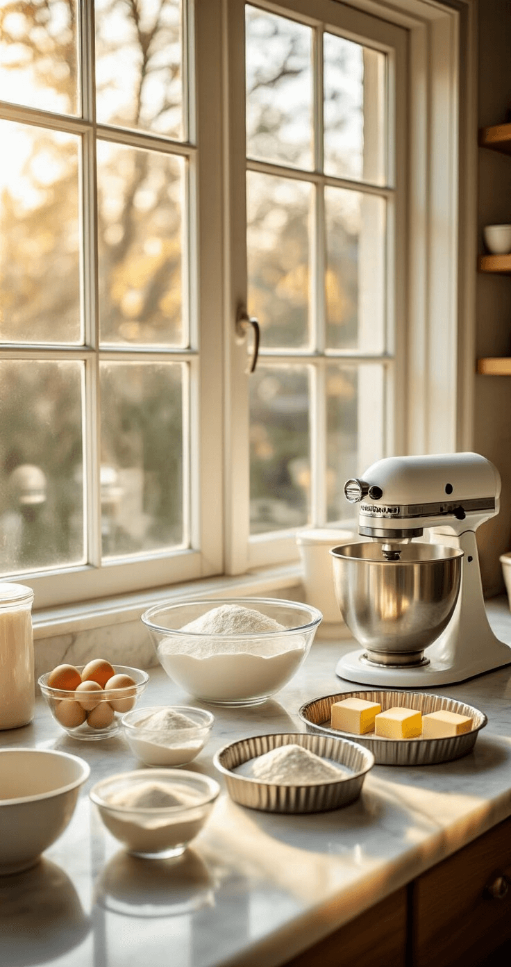 WEDDING CAKE: THE ULTIMATE DIY GUIDE A well-organized bakery workspace with natural light, featuring a marble countertop with measured ingredients, cake pans, and a KitchenAid mixer, set in a warm morning atmosphere.