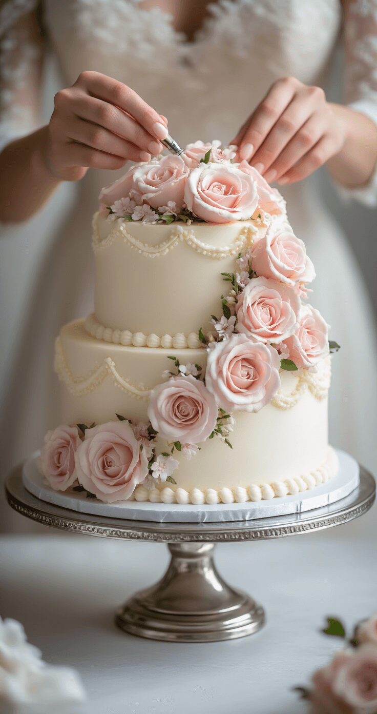 WEDDING CAKE: THE ULTIMATE DIY GUIDE Close-up of hands adding finishing touches to a three-tier wedding cake with pearl-white frosting, featuring piped details and cascading pastel pink roses, on a silver stand with a softly blurred background.