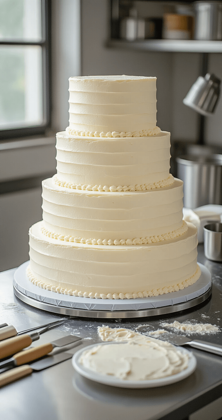 WEDDING CAKE WITH FLOWERS: THE ULTIMATE CULINARY MASTERPIECE Close-up of a pristine white three-tiered wedding cake being assembled on a stainless steel workstation, featuring smooth buttercream layers and dowel supports, with professional tools like spatulas and piping bags nearby.