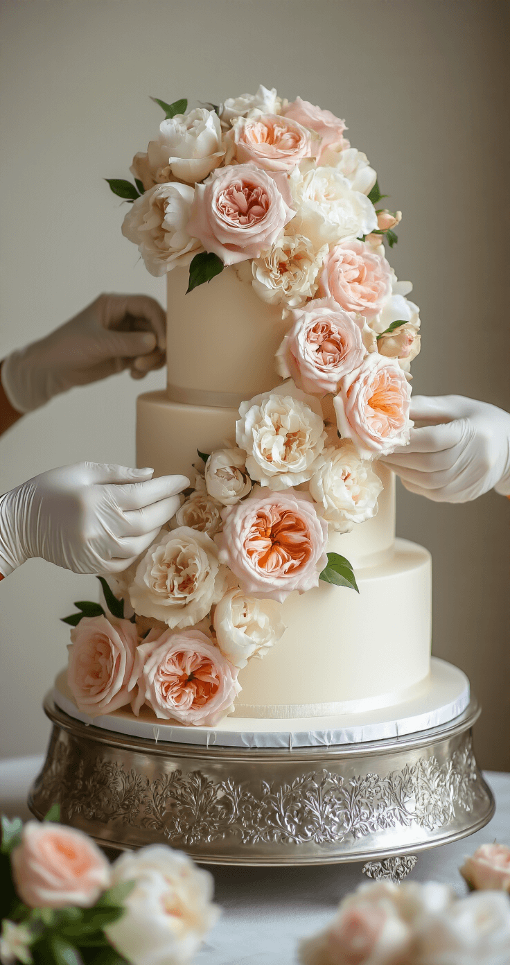 WEDDING CAKE WITH FLOWERS: THE ULTIMATE CULINARY MASTERPIECE Dramatic overhead view of a three-tiered wedding cake being elegantly decorated with fresh pink and cream roses and peonies, illuminated by golden afternoon light, as a professional pastry chef in white gloves places a garden rose on the cake.