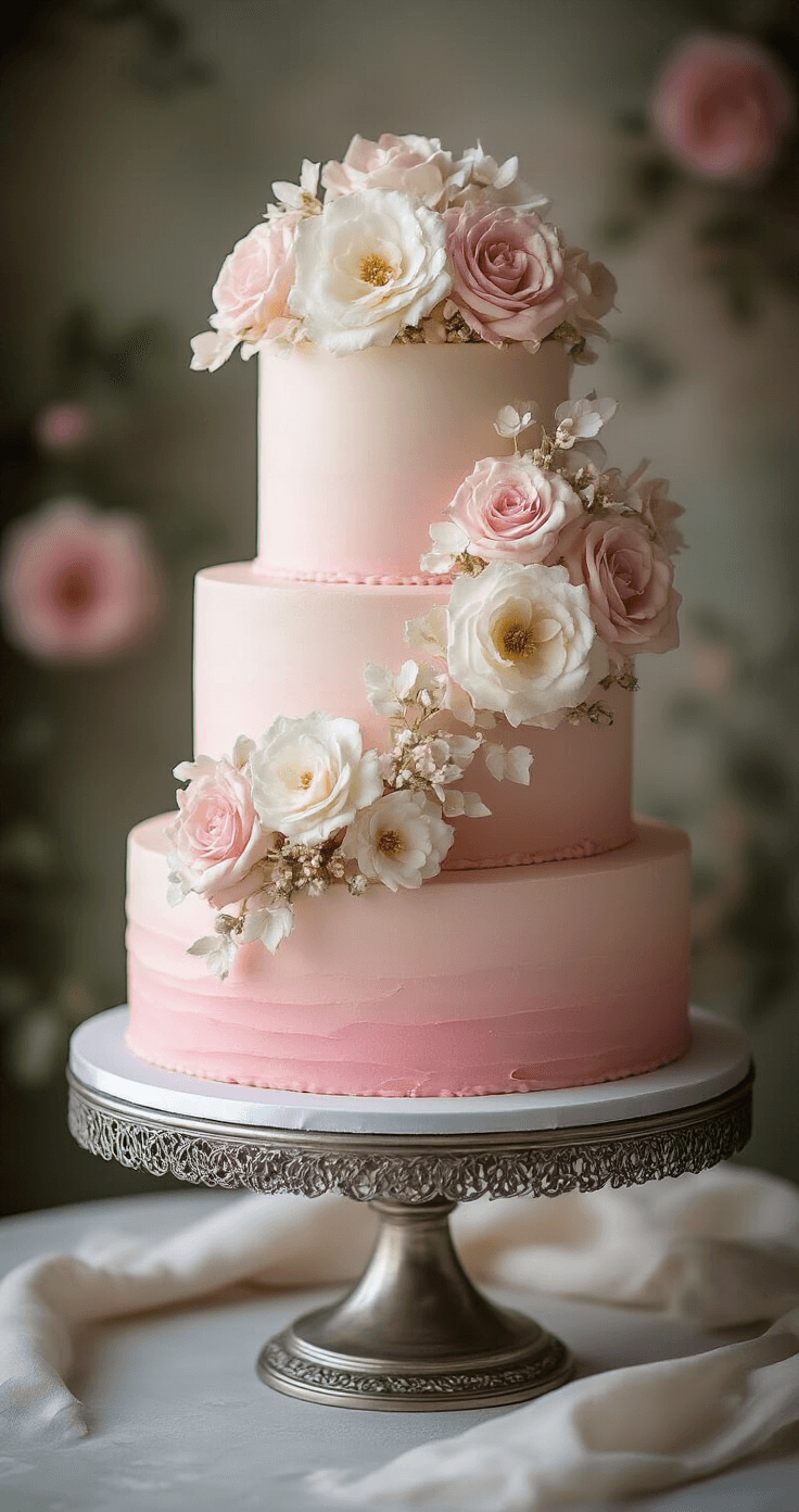 PINK WEDDING CAKE: THE ULTIMATE SHOWSTOPPER GUIDE Elegant 3-tier pink ombré wedding cake on ornate silver stand, featuring cascading sugar flowers and metallic accents, against a soft-focus botanical backdrop.