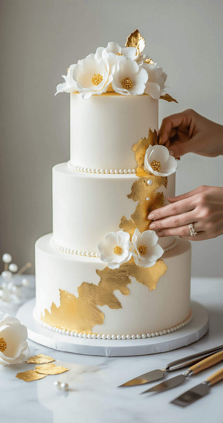 The Ultimate White and Gold Wedding Cake: A Luxurious Culinary Masterpiece A close-up of hands applying gold leaf to a white three-tiered wedding cake, with elegant sugar flowers, pearls, and cake decorating tools arranged on a marble workspace under dramatic lighting.