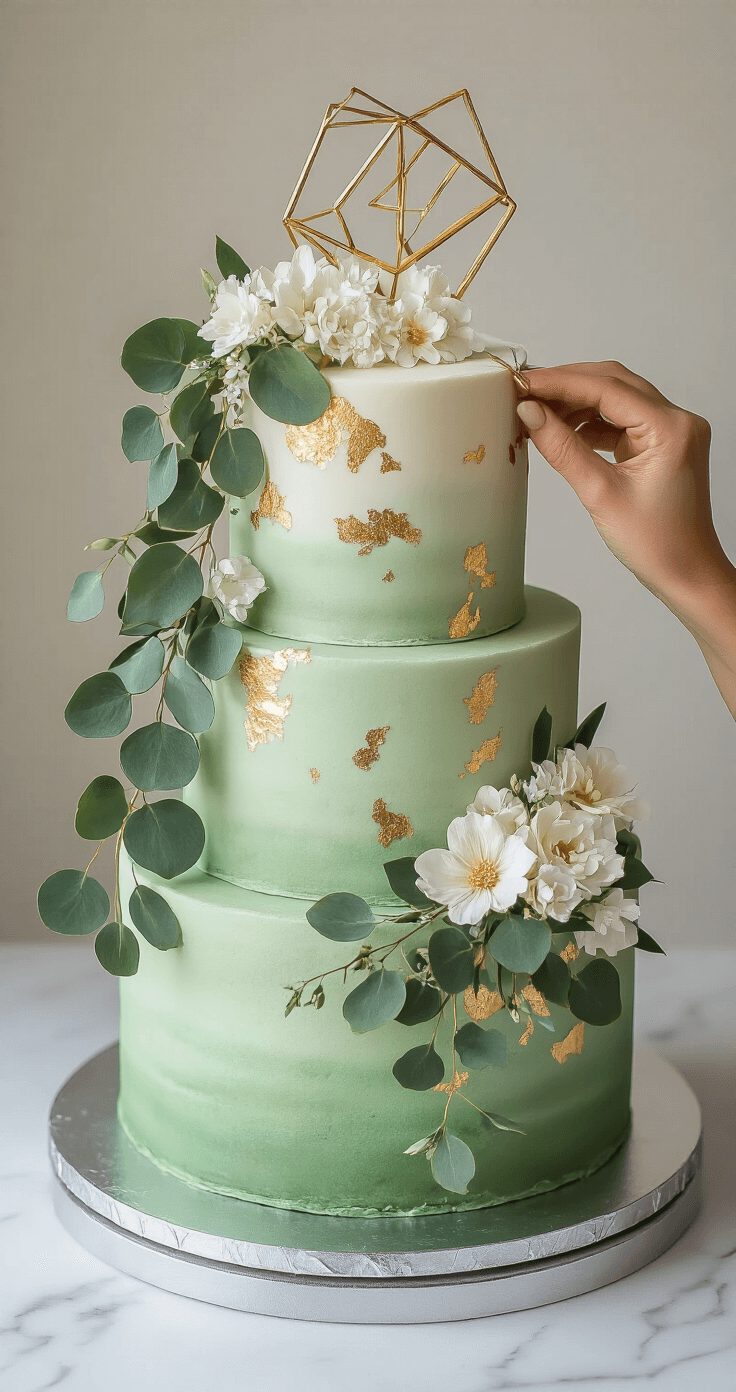 Green Wedding Cake: A Botanical Masterpiece for Modern Celebrations A three-tiered wedding cake in green hues on a silver stand, mid-decoration with gold leaf and fresh eucalyptus, topped with a geometric gold decoration.