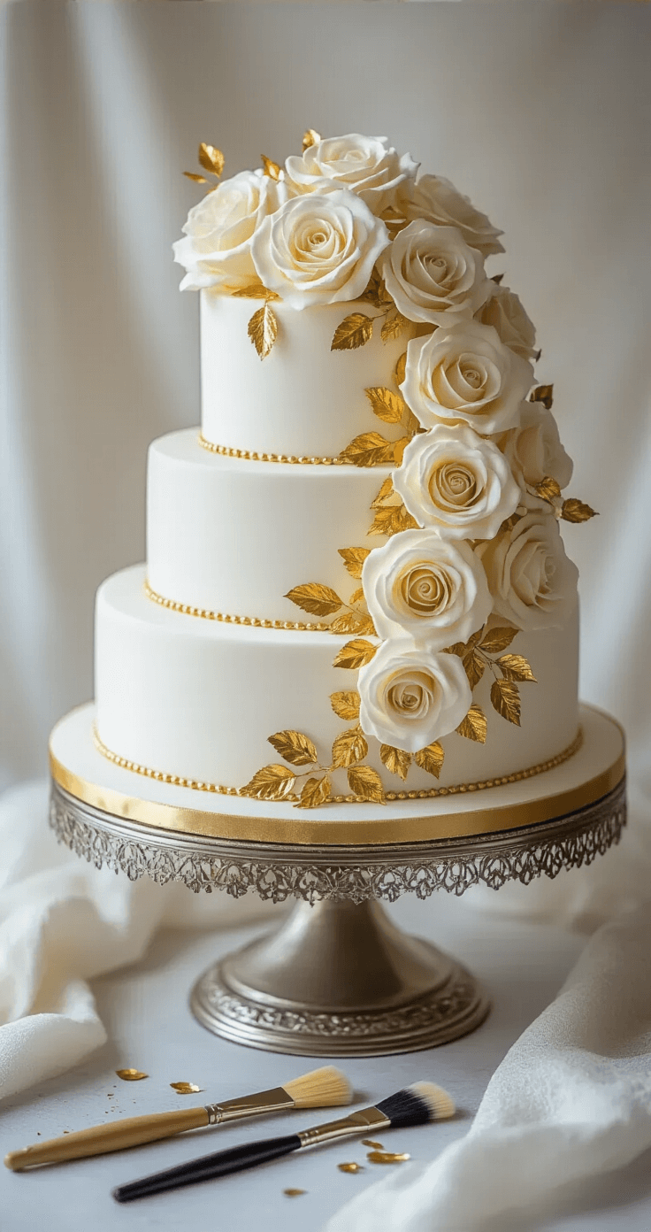 Golden Wedding Anniversary Cake: A Stunning Celebration of 50 Years of Love A multi-tiered golden anniversary cake on a silver stand, decorated with white fondant, gold leaf, cream roses with golden centers, and shimmering gold dust, with cake-decorating tools arranged nearby.