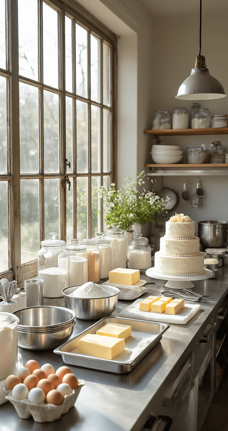 Traditional Wedding Cake: The Ultimate Guide to Creating a Stunning Centerpiece A professional bakery workspace featuring stainless steel countertops with baking tools, fresh ingredients like eggs and butter, and glass containers filled with flour and sugar, all illuminated by soft natural light from large windows.