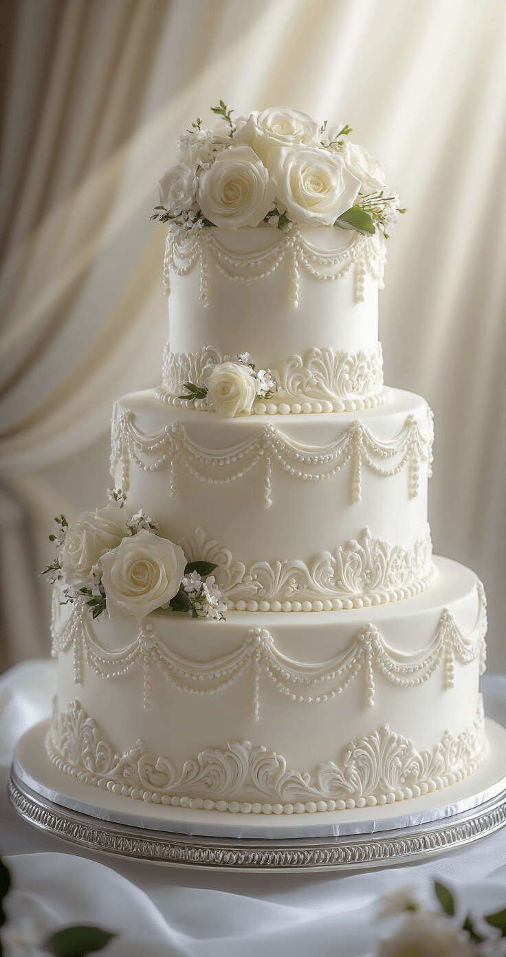Traditional Wedding Cake: The Ultimate Guide to Creating a Stunning Centerpiece Elegant three-tiered white wedding cake with intricate royal icing piping and adorned with fresh white roses, set in a softly lit ballroom on a silver cake stand.